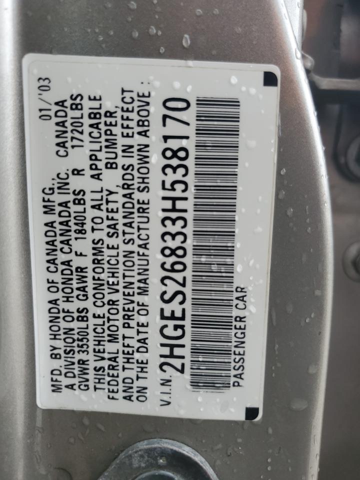 2003 Honda Civic Ex VIN: 2HGES26833H538170 Lot: 64403474