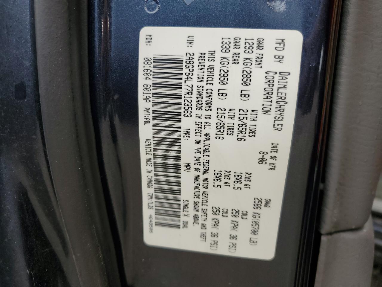 2007 Chrysler Town & Country Limited VIN: 2A8GP64L77R123563 Lot: 64450844