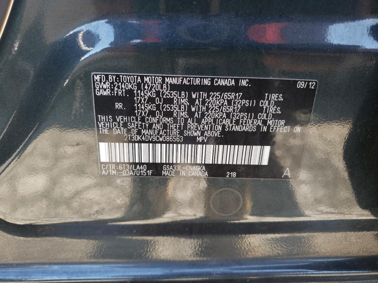 2012 Toyota Rav4 Limited VIN: 2T3DK4DV9CW086563 Lot: 61295294