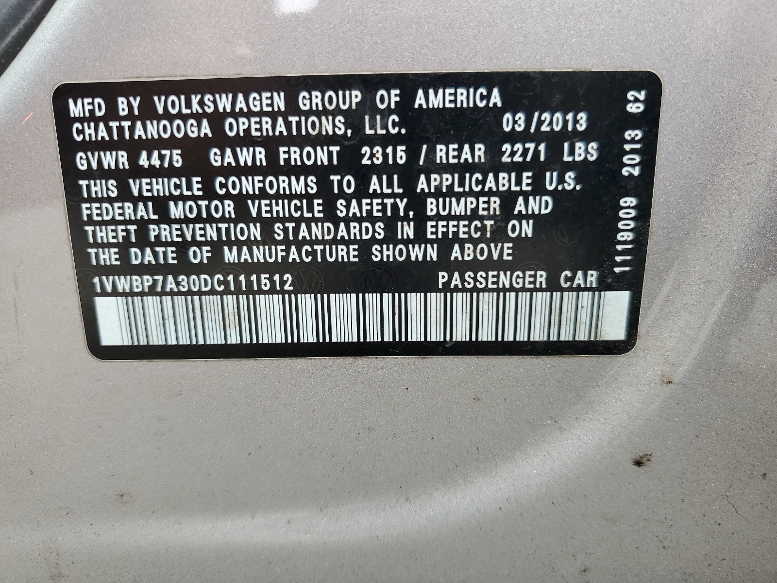 1VWBP7A30DC111512 2013 Volkswagen Passat Se