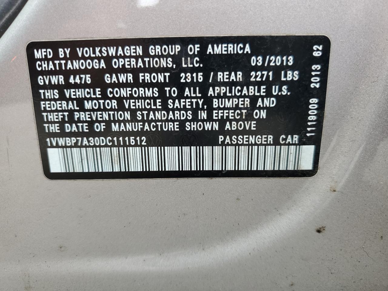 2013 Volkswagen Passat Se VIN: 1VWBP7A30DC111512 Lot: 63968044