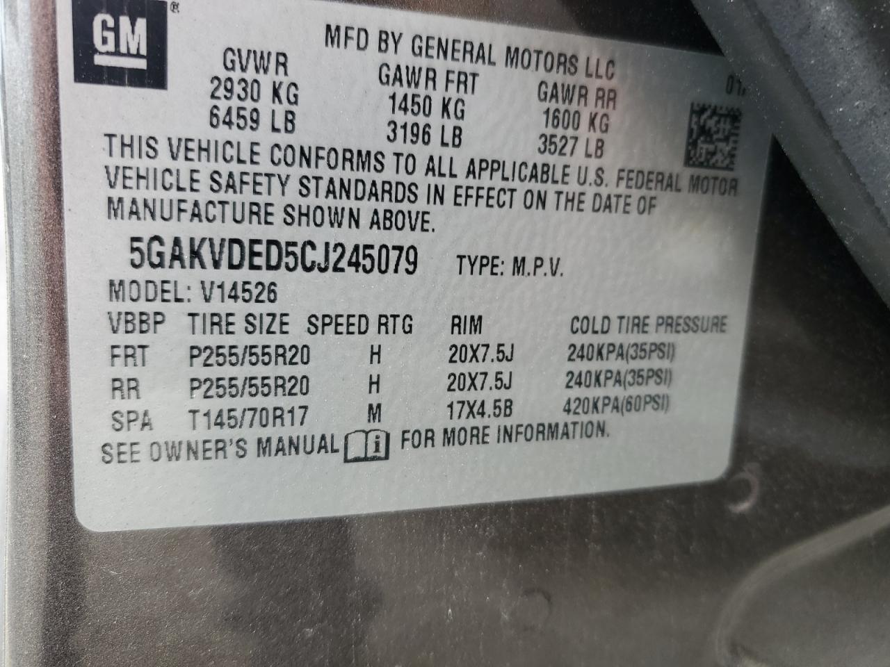 2012 Buick Enclave VIN: 5GAKVDED5CJ245079 Lot: 64926964