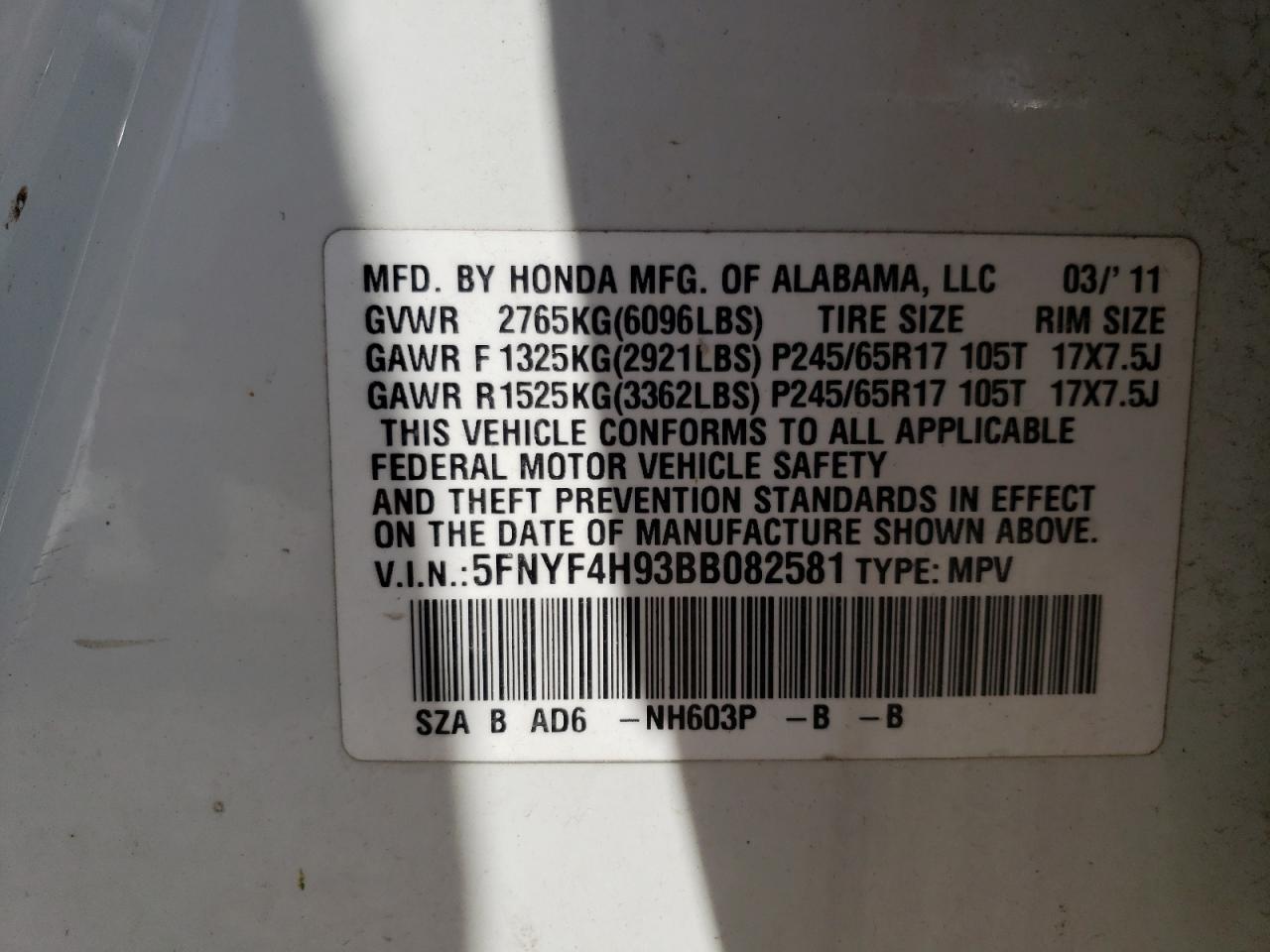 2011 Honda Pilot Touring VIN: 5FNYF4H93BB082581 Lot: 61079114