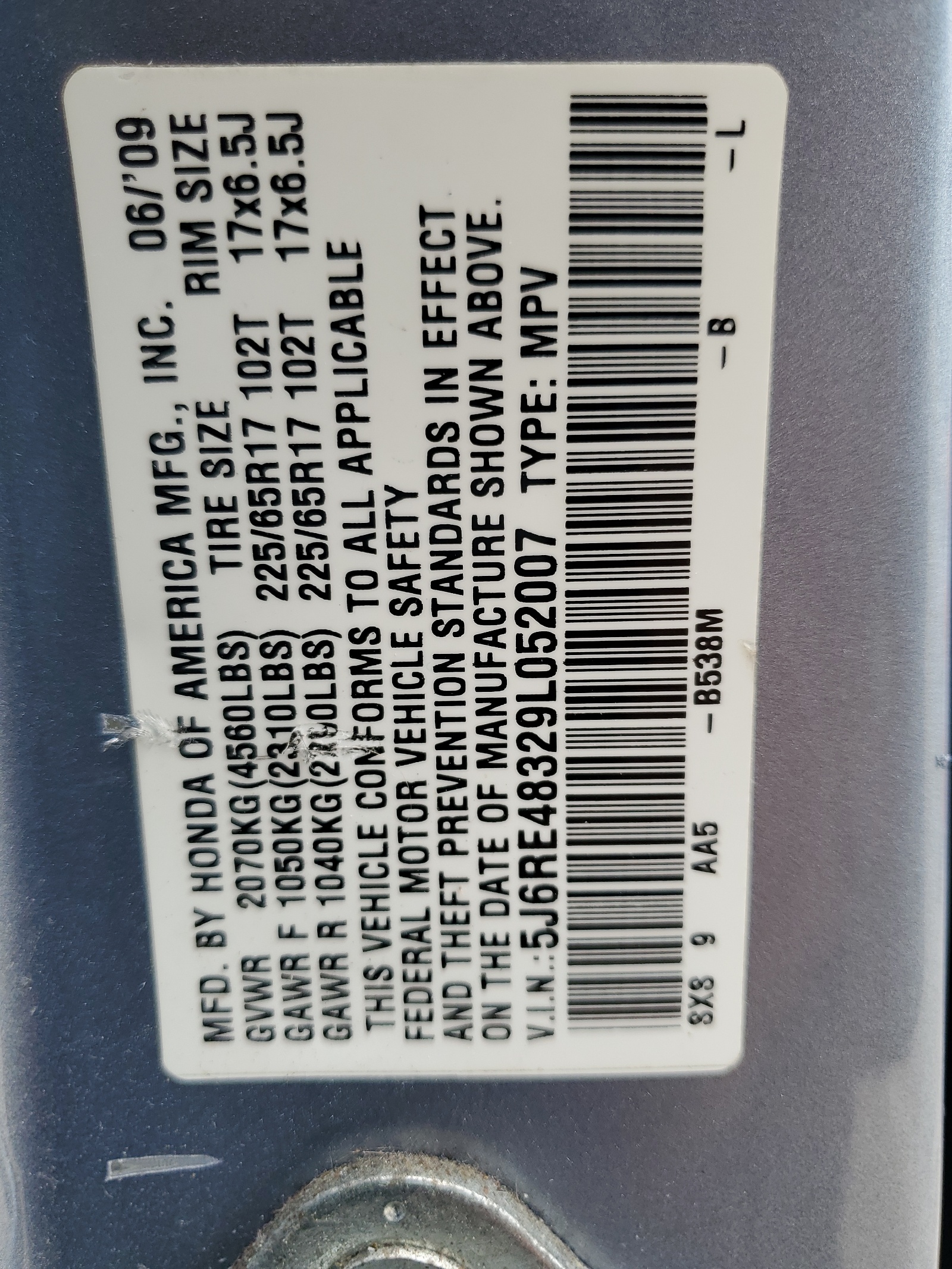 5J6RE48329L052007 2009 Honda Cr-V Lx