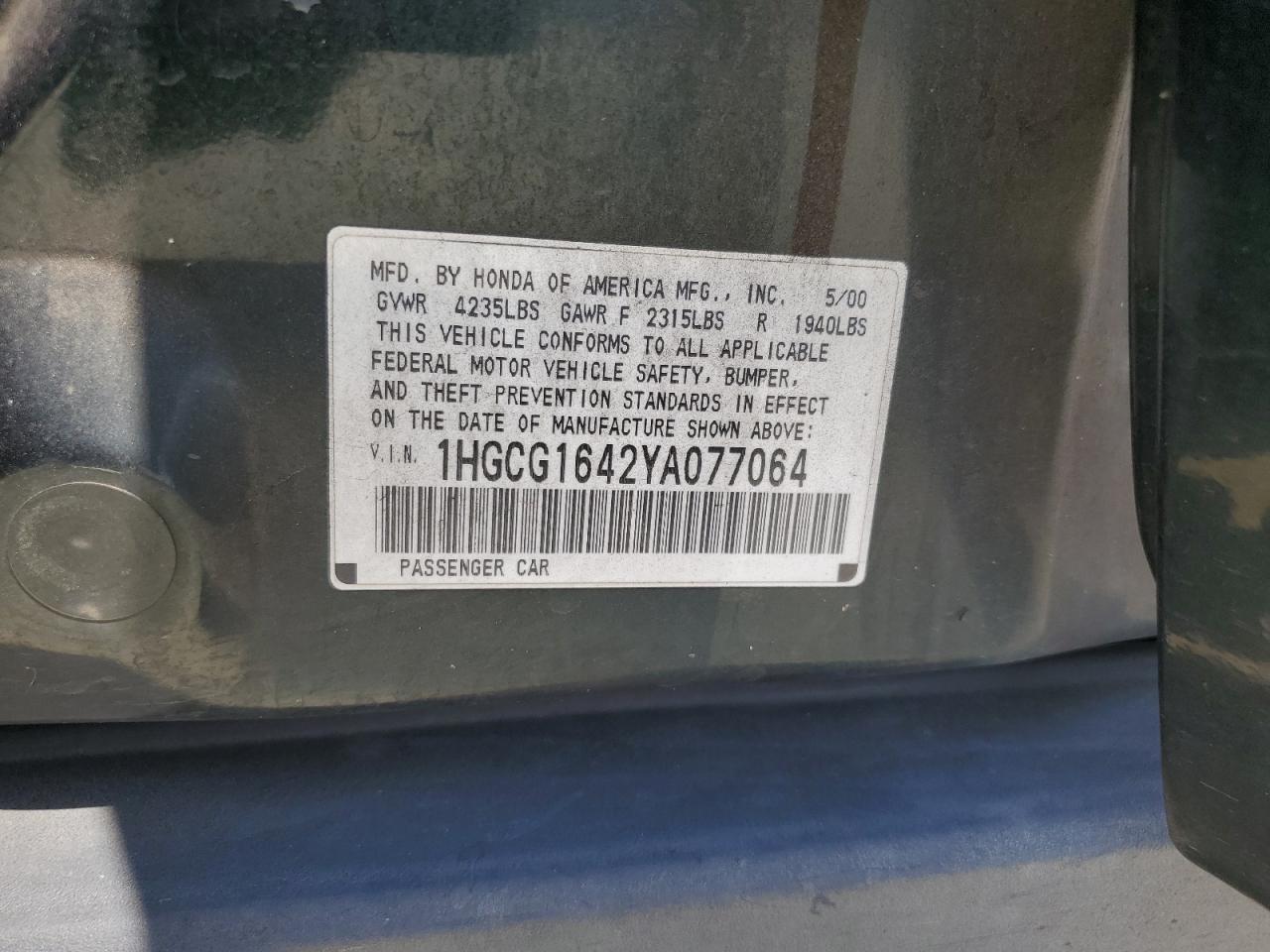 2000 Honda Accord Lx VIN: 1HGCG1642YA077064 Lot: 64324724