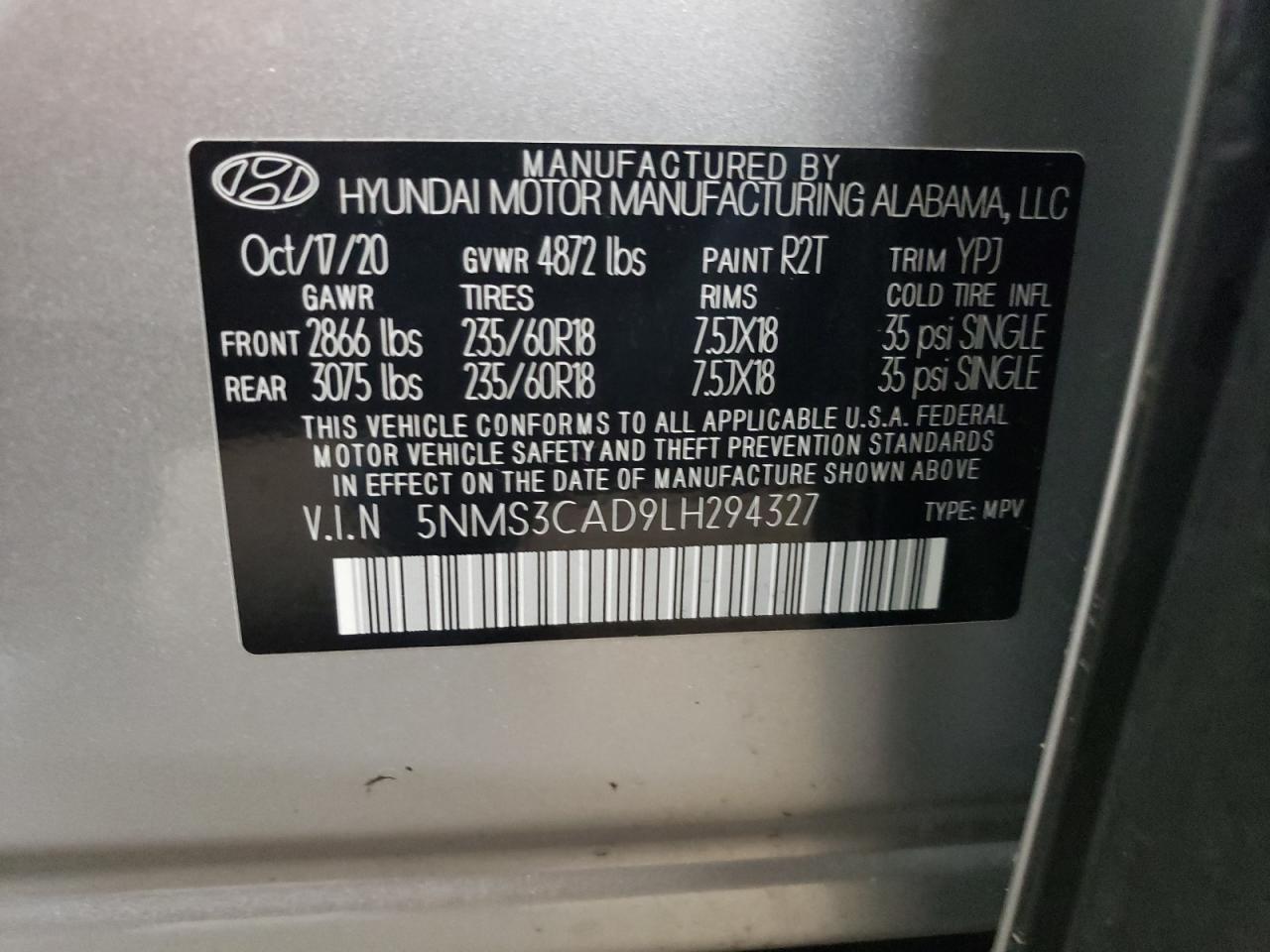 2020 Hyundai Santa Fe Sel VIN: 5NMS3CAD9LH294327 Lot: 65386004