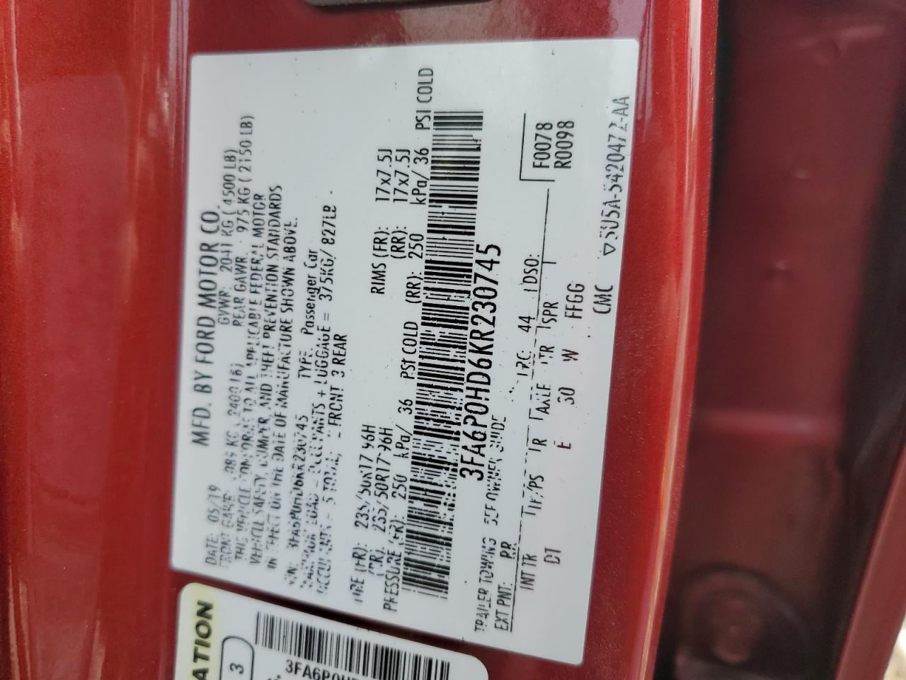 2019 Ford Fusion Se VIN: 3FA6P0HD6KR230745 Lot: 63966614