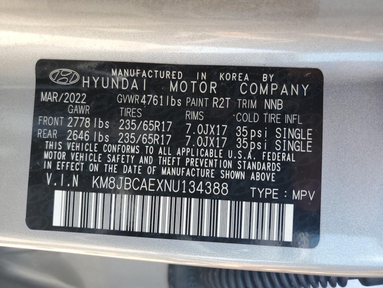 2022 Hyundai Tucson Sel VIN: KM8JBCAEXNU134388 Lot: 63289444