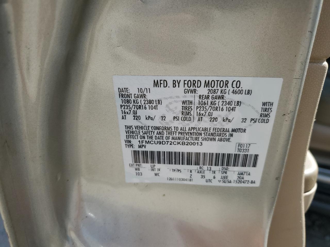 2012 Ford Escape Xlt VIN: 1FMCU9D72CKB20013 Lot: 63904744