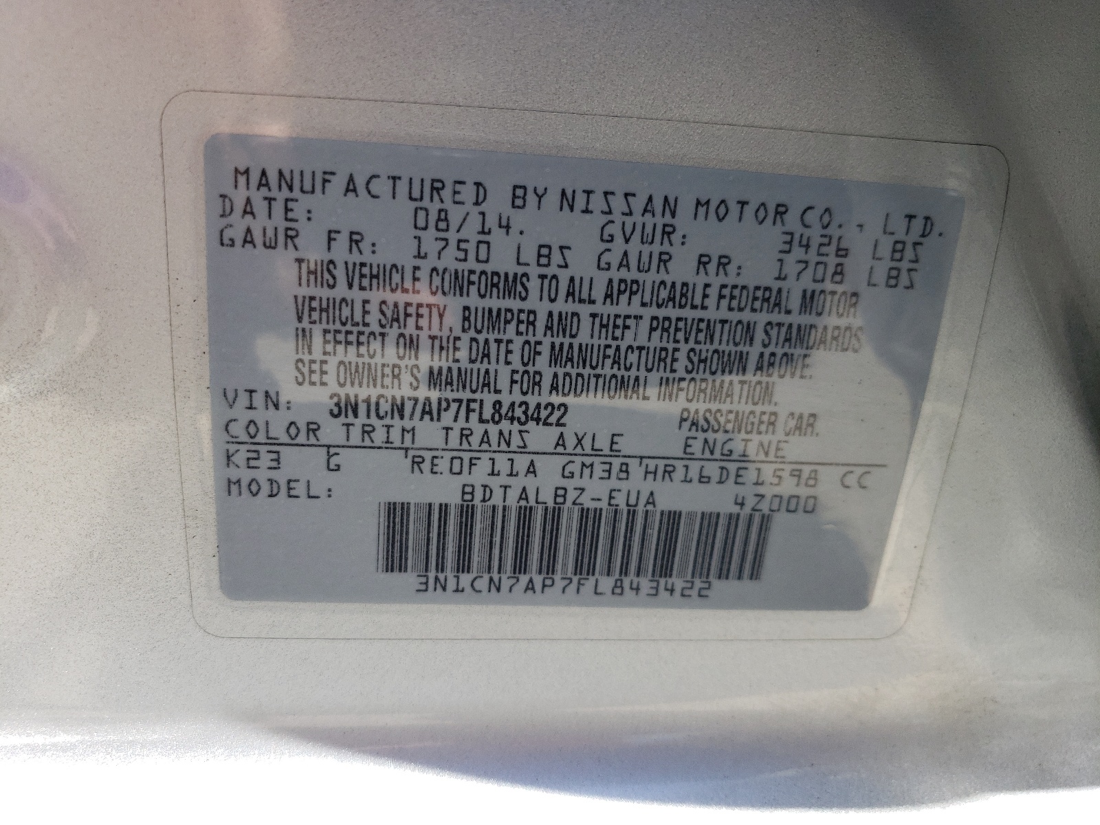 3N1CN7AP7FL843422 2015 Nissan Versa S