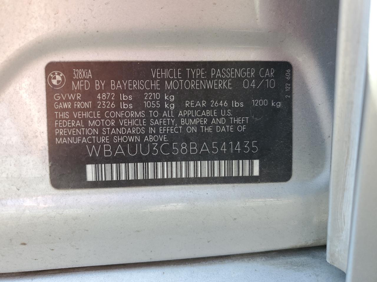 2011 BMW 328 Xi VIN: WBAUU3C58BA541435 Lot: 65052214