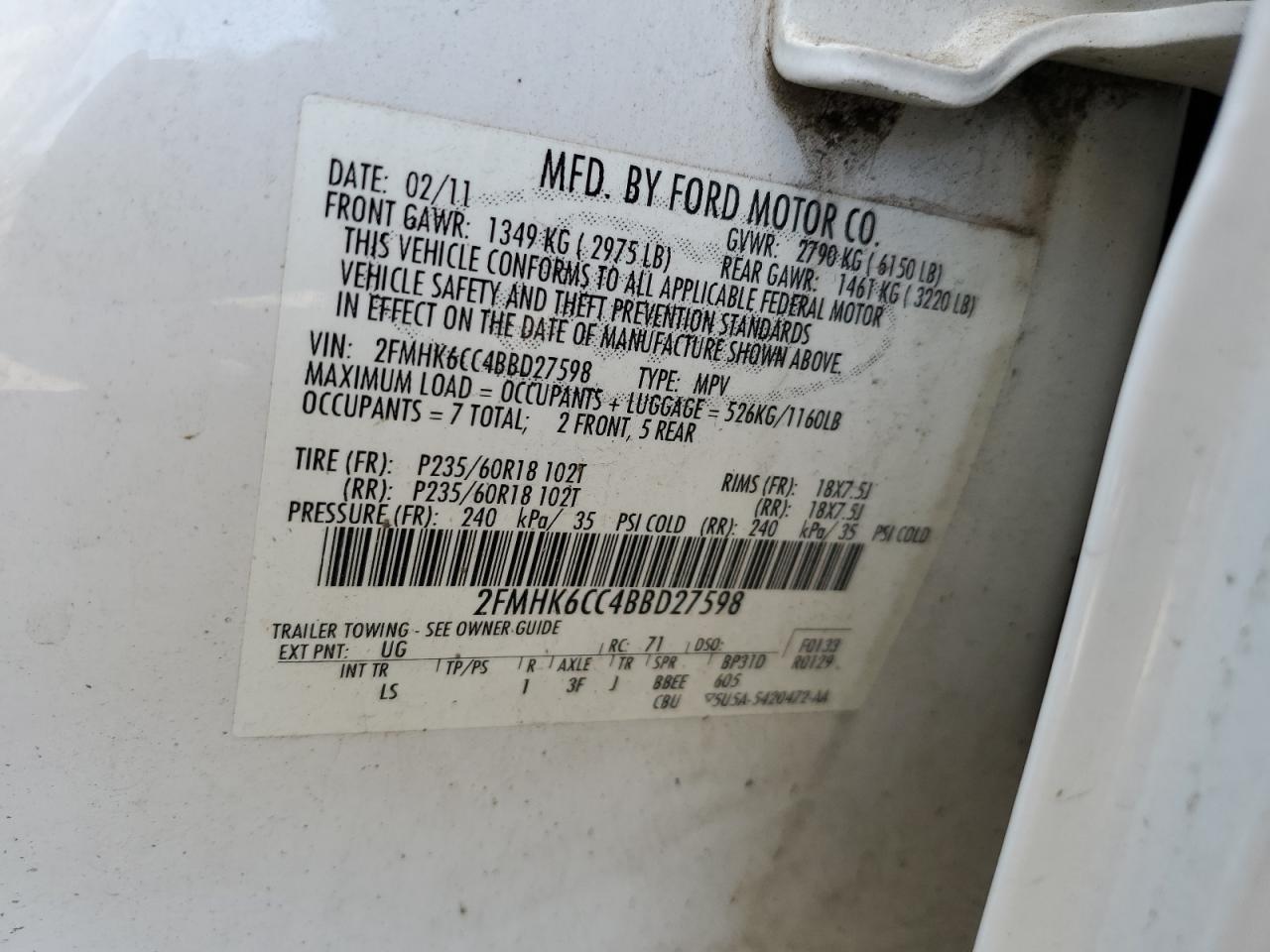 2011 Ford Flex Sel VIN: 2FMHK6CC4BBD27598 Lot: 62886794