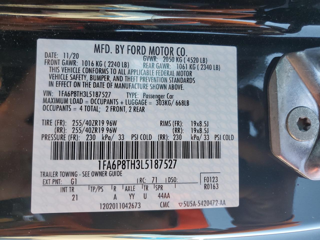 2020 Ford Mustang VIN: 1FA6P8TH3L5187527 Lot: 64524204