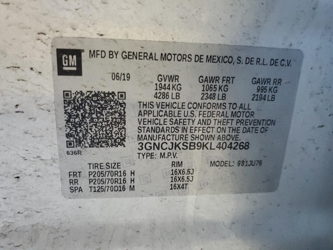 2019 Chevrolet Trax Ls VIN: 3GNCJKSB9KL404268 Lot: 64572044