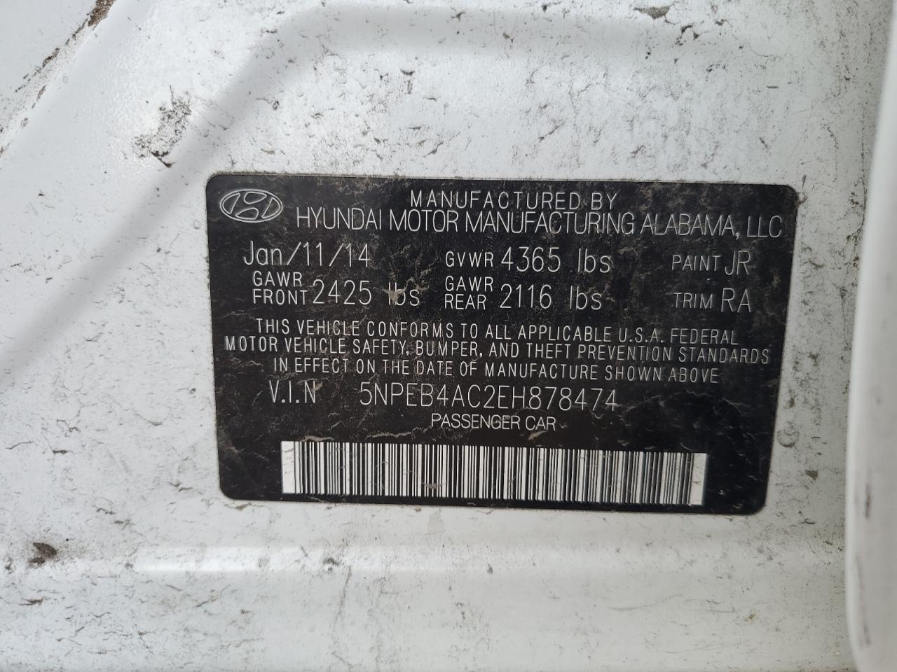 5NPEB4AC2EH878474 2014 Hyundai Sonata Gls