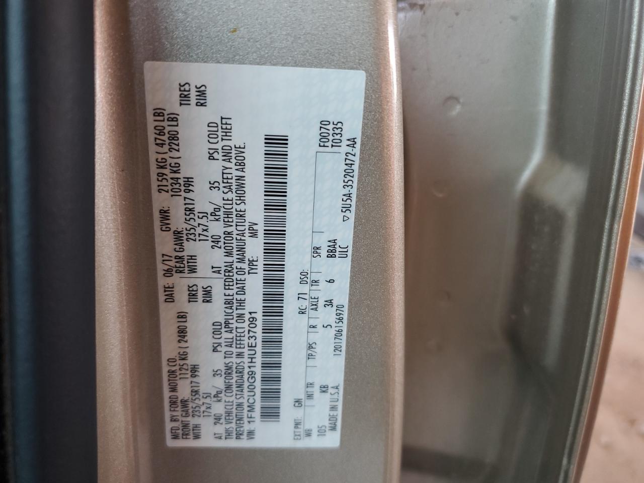 2017 Ford Escape Se VIN: 1FMCU0G91HUE37091 Lot: 64003764