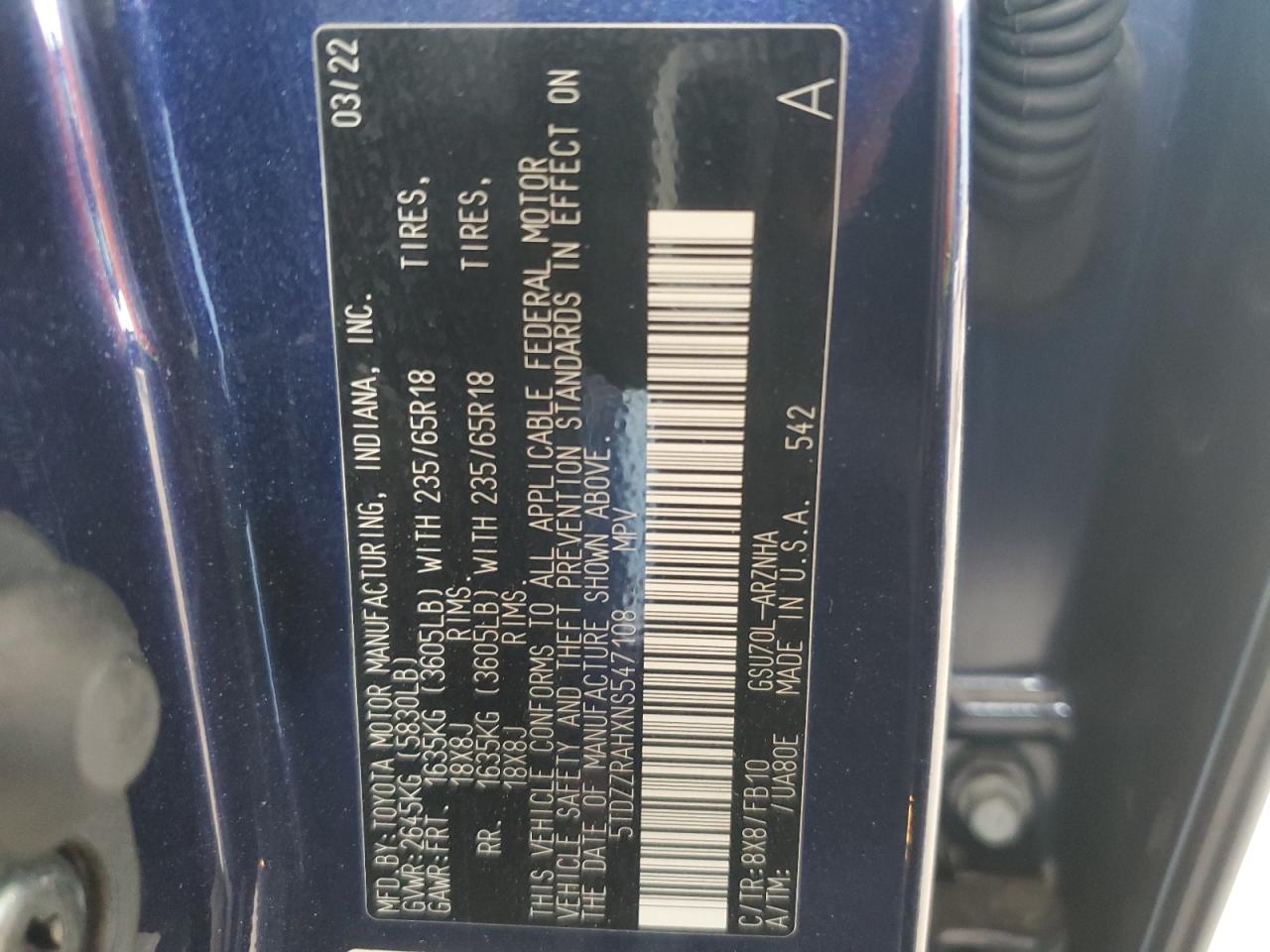 2022 Toyota Highlander L VIN: 5TDZZRAHXNS547108 Lot: 64932364