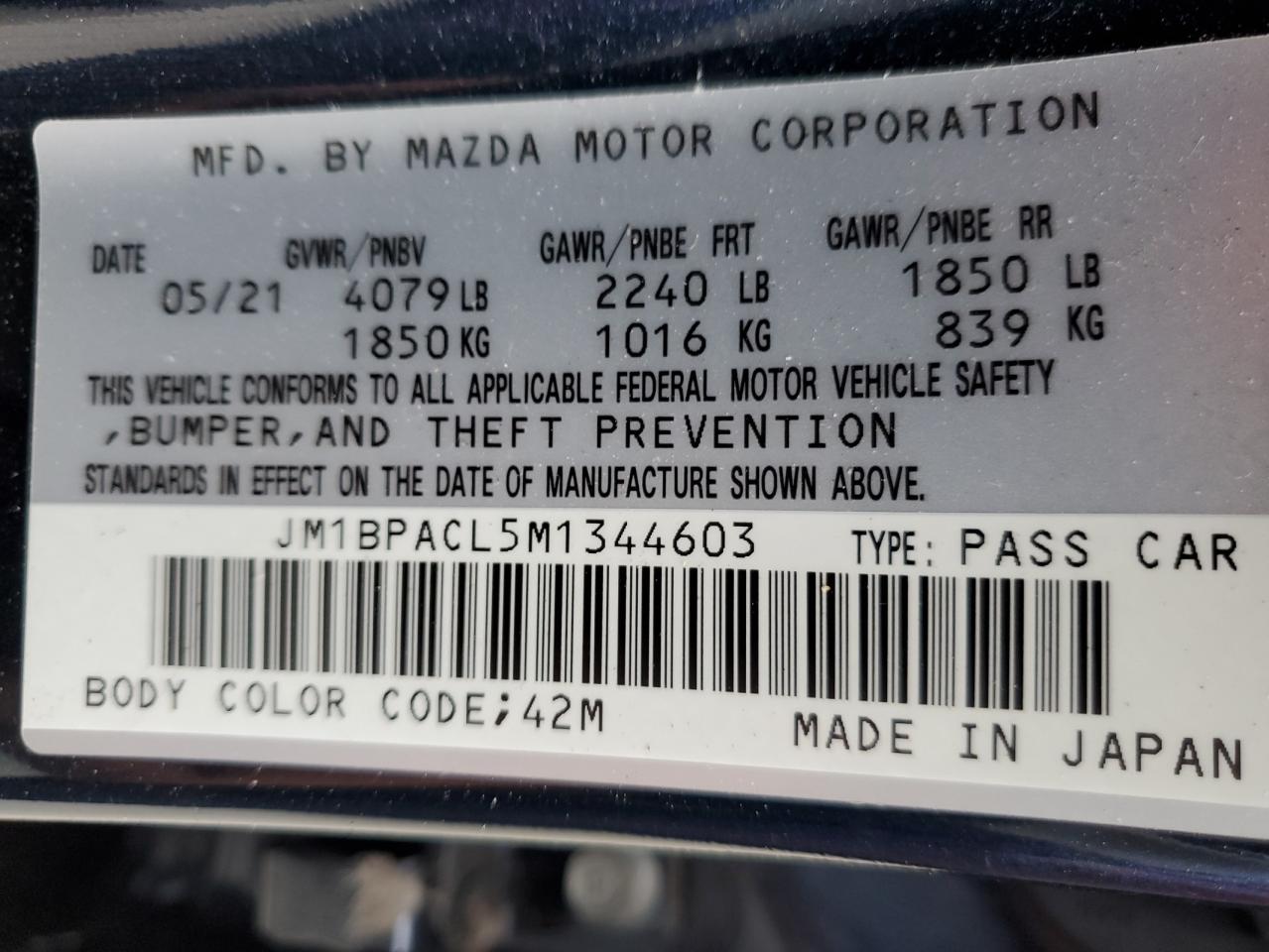 2021 Mazda 3 Preferred VIN: JM1BPACL5M1344603 Lot: 63989534