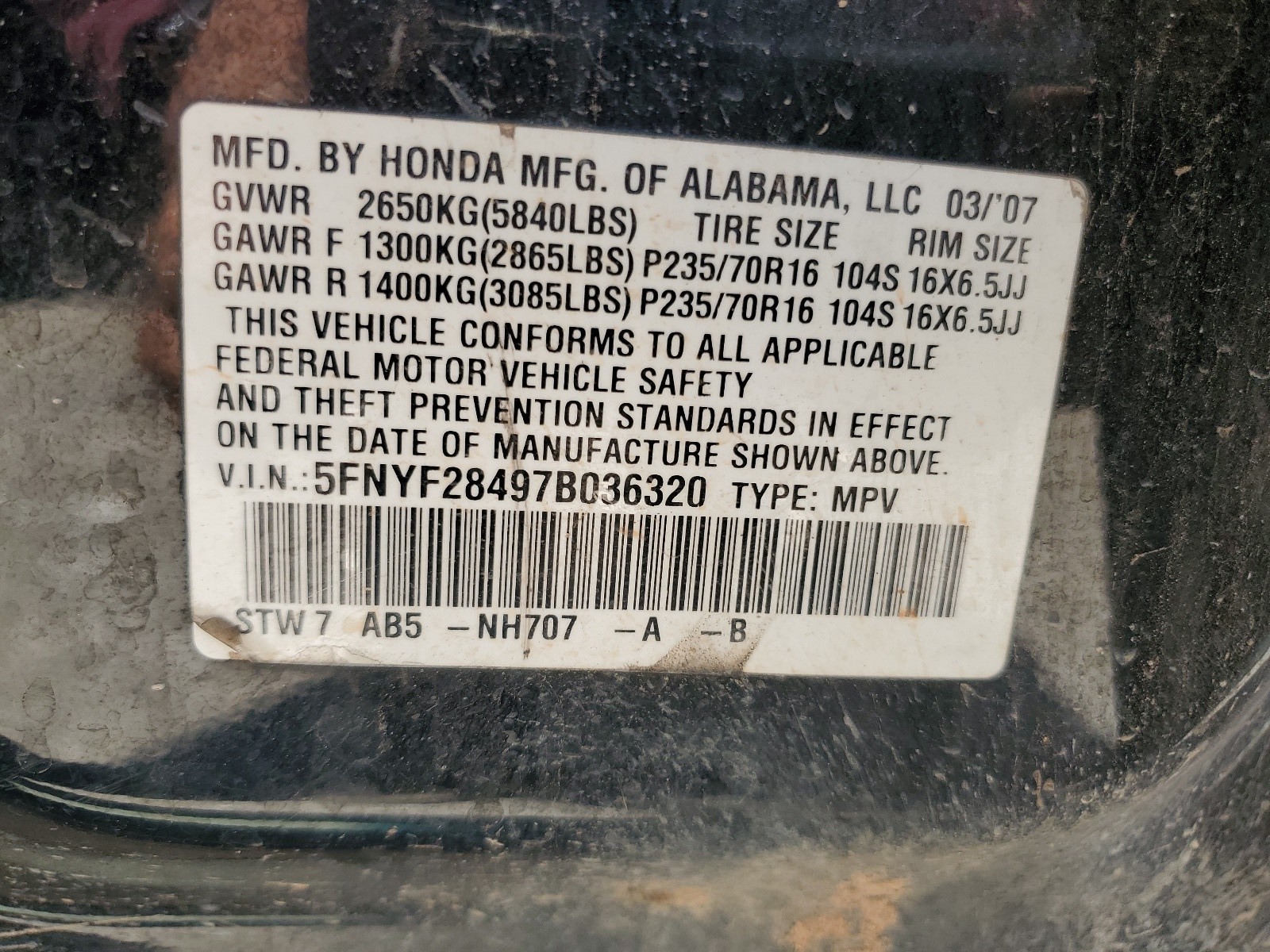 5FNYF28497B036320 2007 Honda Pilot Ex