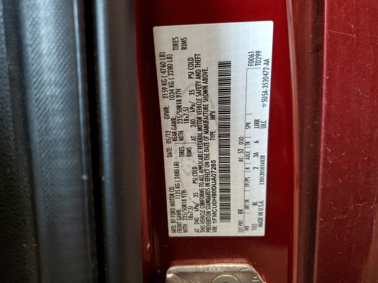 2013 Ford Escape Sel VIN: 1FMCU0H90DUA07285 Lot: 61944394