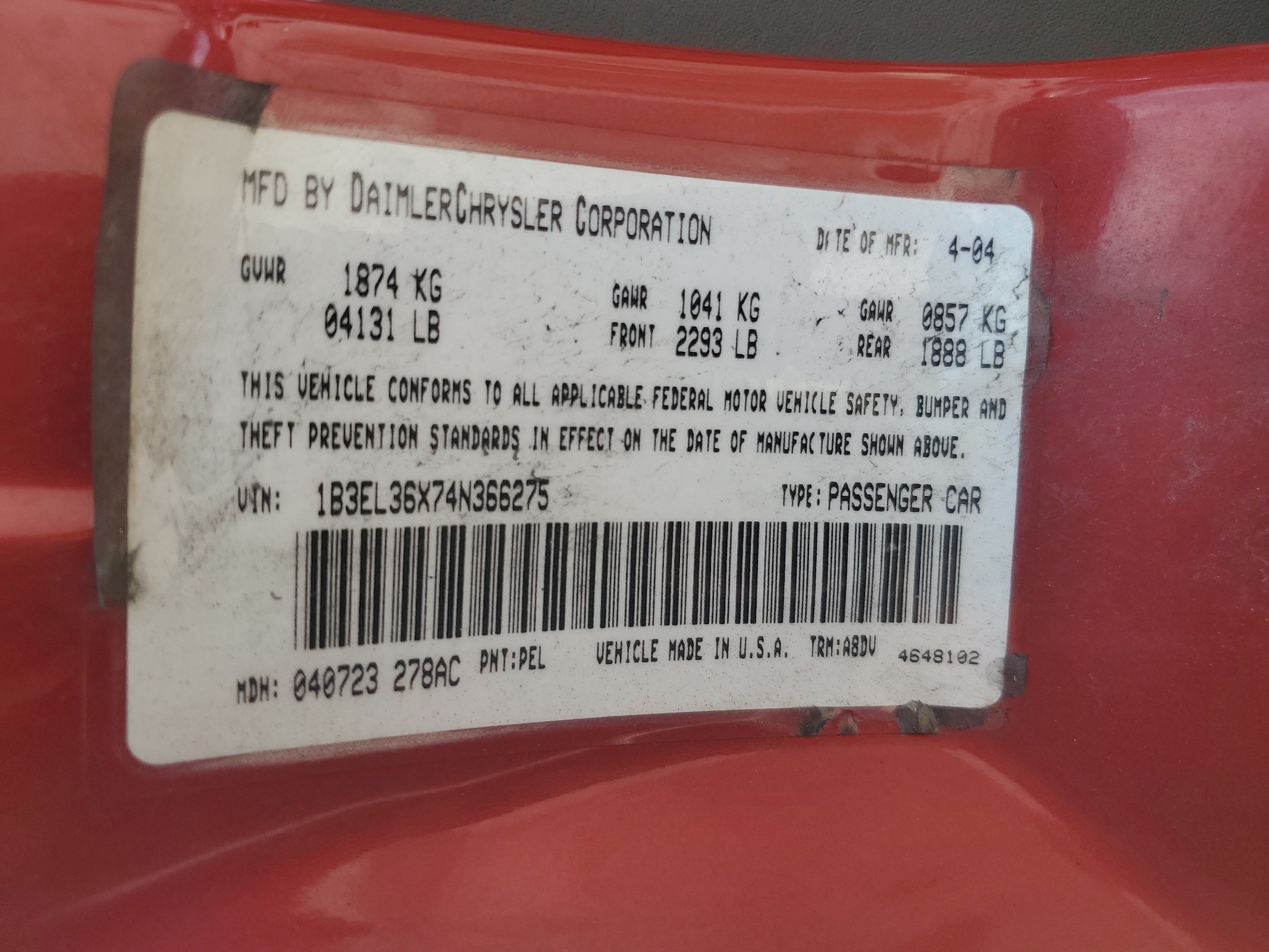 1B3EL36X74N366275 2004 Dodge Stratus Se