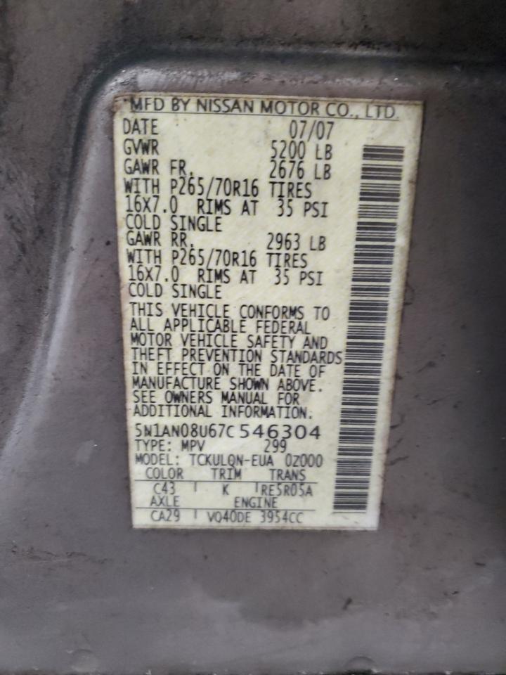 2007 Nissan Xterra Off Road VIN: 5N1AN08U67C546304 Lot: 64015634