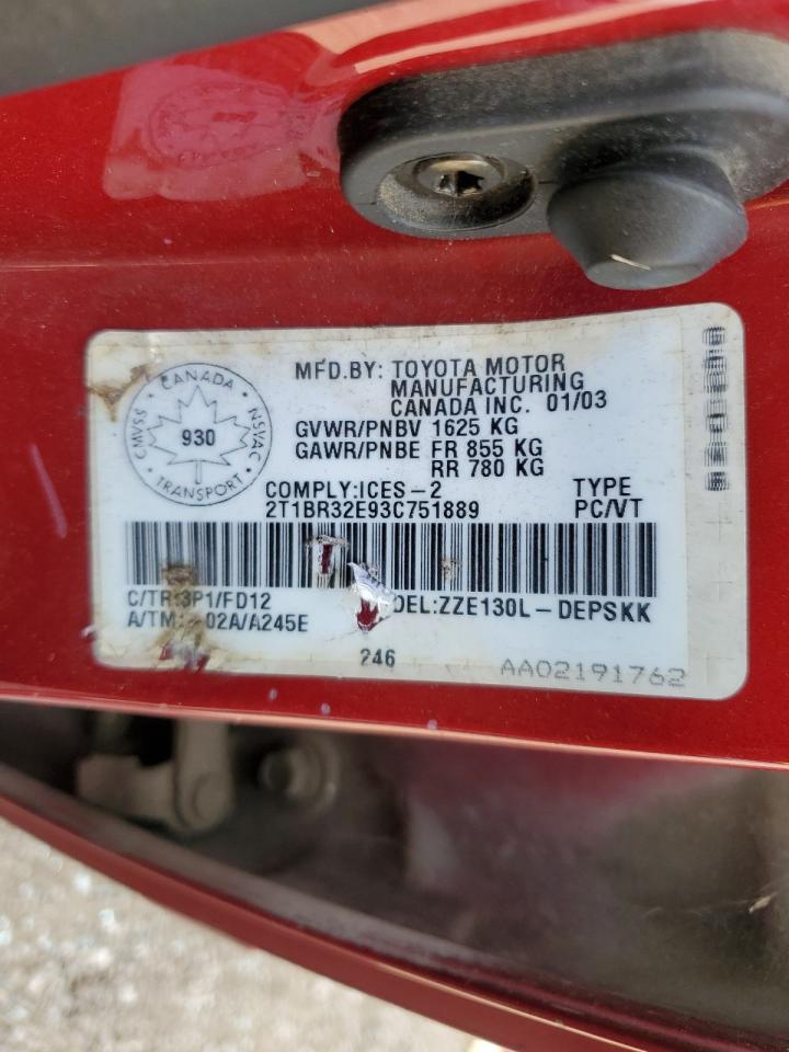 2003 Toyota Corolla Ce VIN: 2T1BR32E93C751889 Lot: 64656164