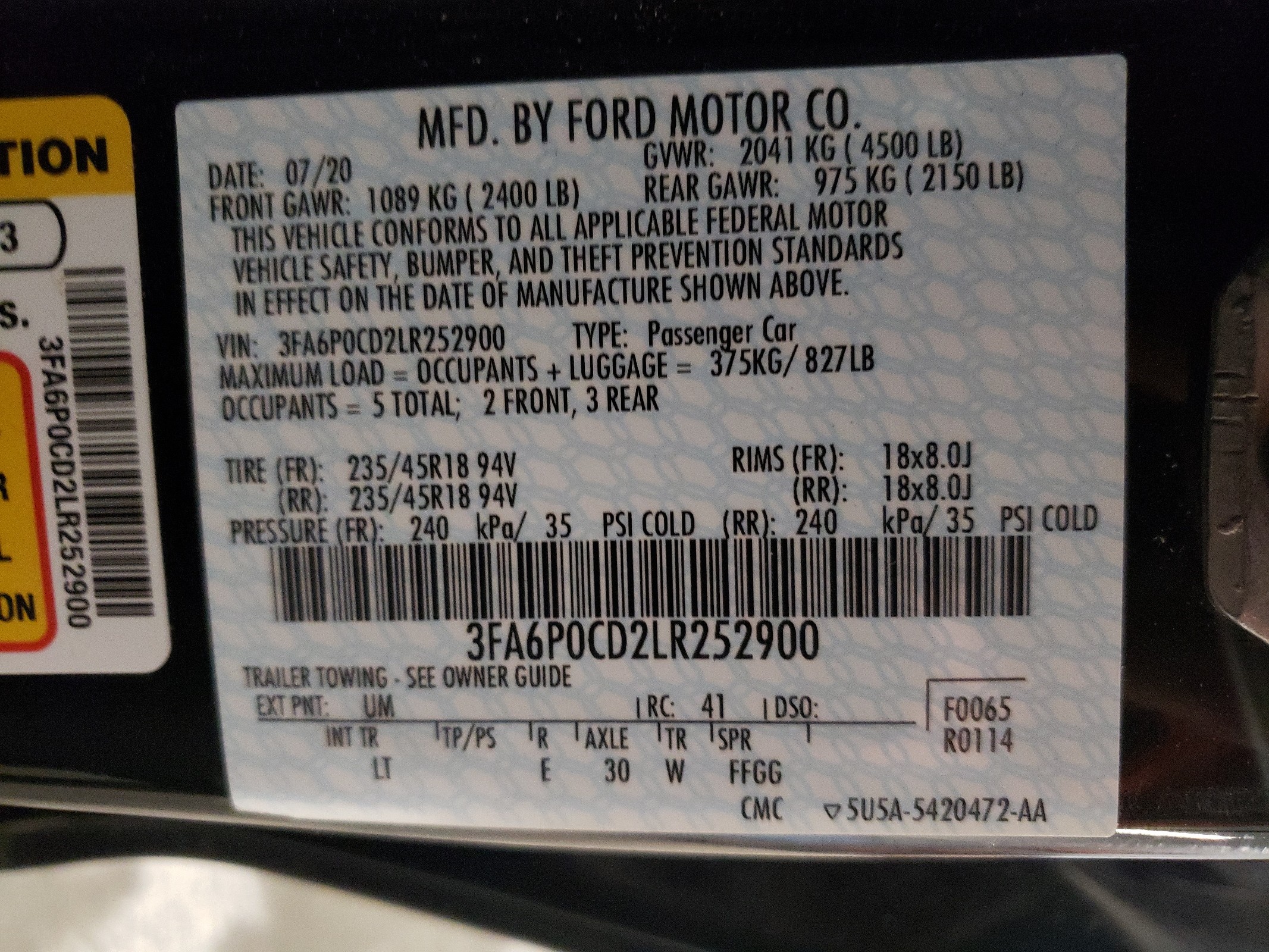3FA6P0CD2LR252900 2020 Ford Fusion Sel