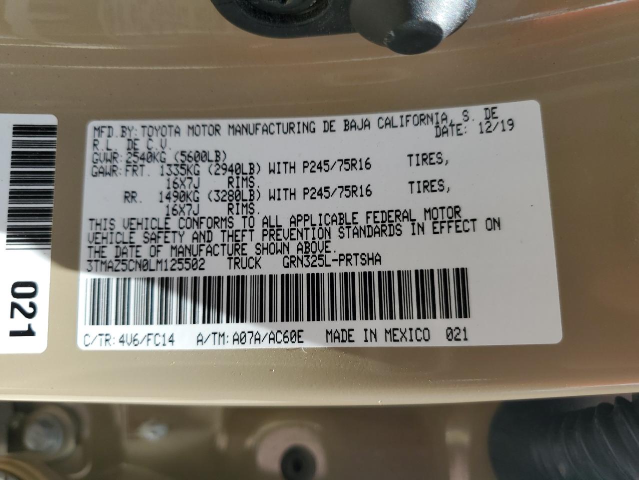 2020 Toyota Tacoma Double Cab VIN: 3TMAZ5CN0LM125502 Lot: 64960384