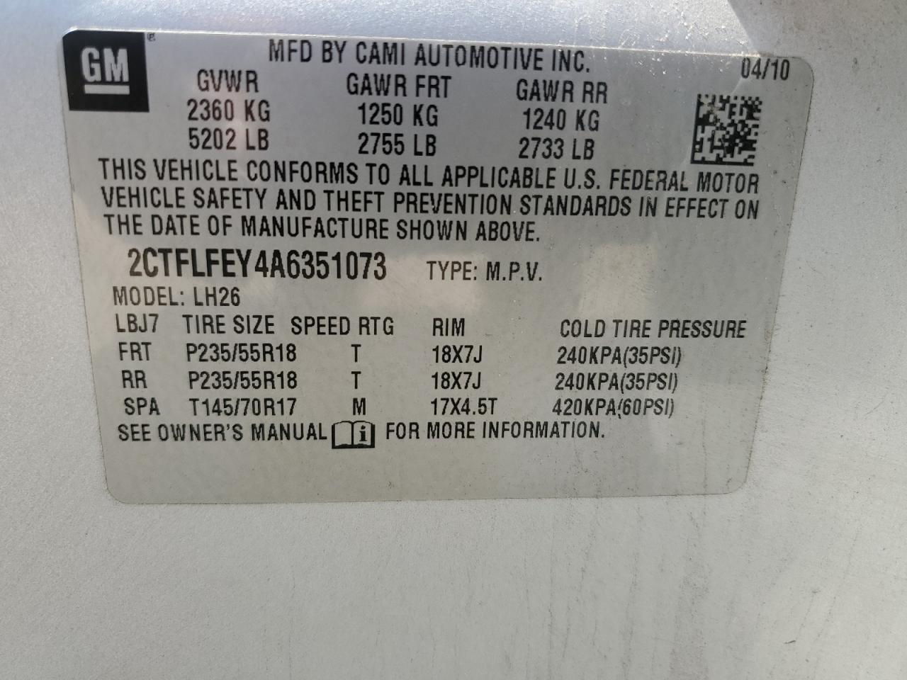 2010 GMC Terrain Slt VIN: 2CTFLFEY4A6351073 Lot: 62528954