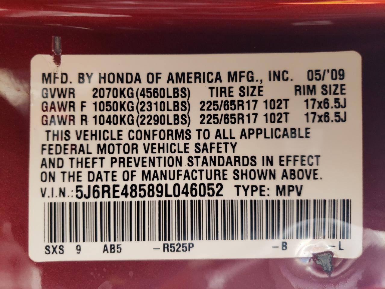 2009 Honda Cr-V Ex VIN: 5J6RE48589L046052 Lot: 61465564
