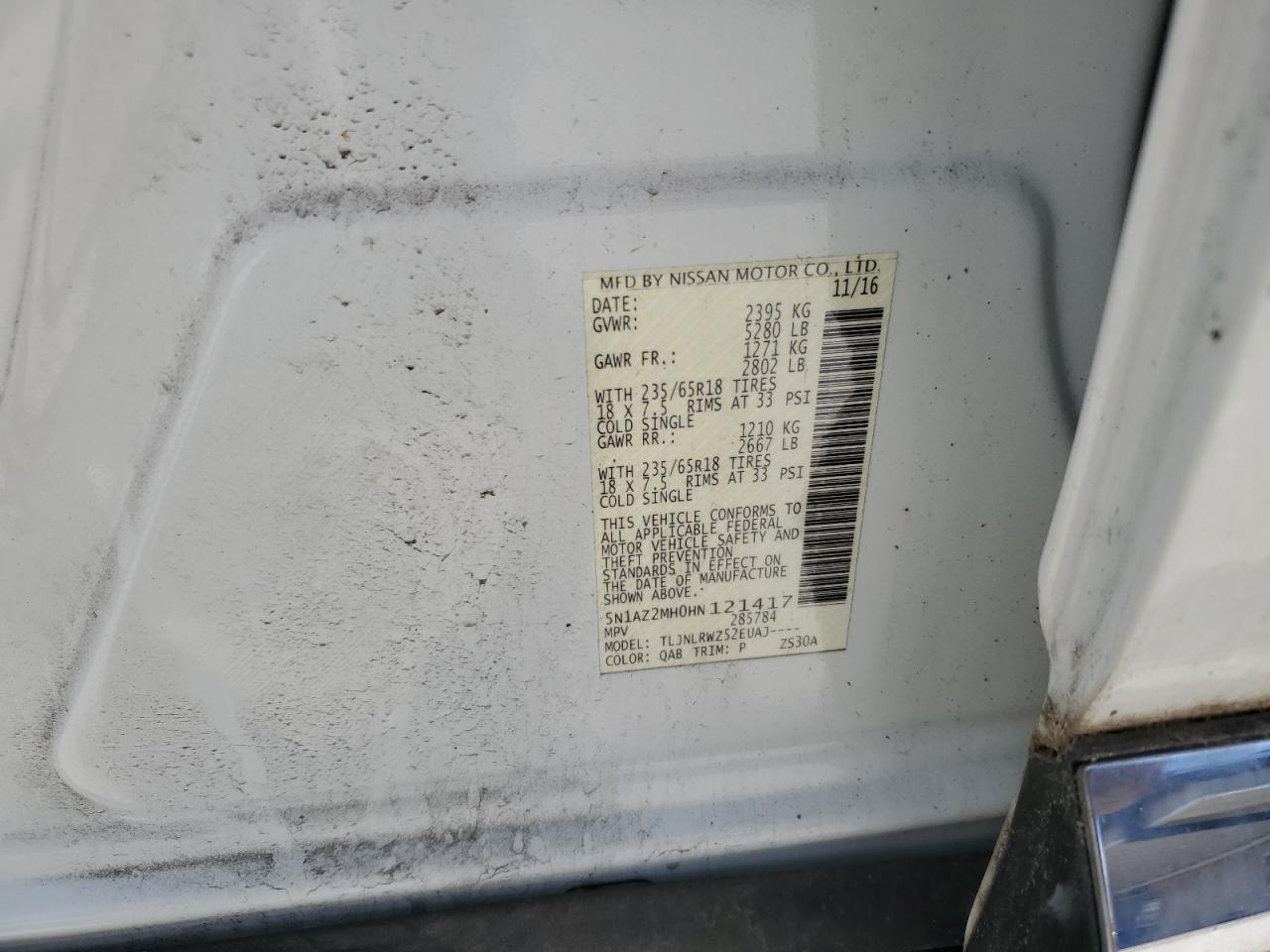 2017 Nissan Murano S VIN: 5N1AZ2MH0HN121417 Lot: 63333624