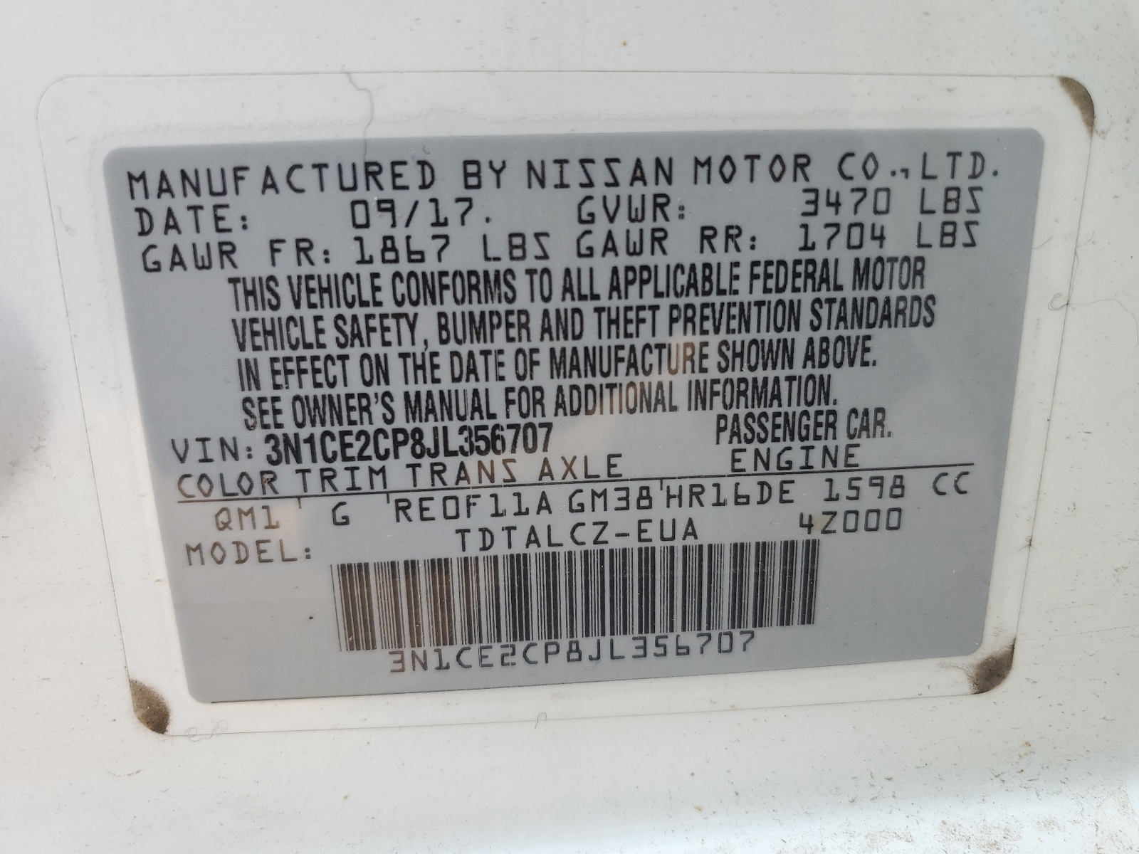 3N1CE2CP8JL356707 2018 Nissan Versa Note S