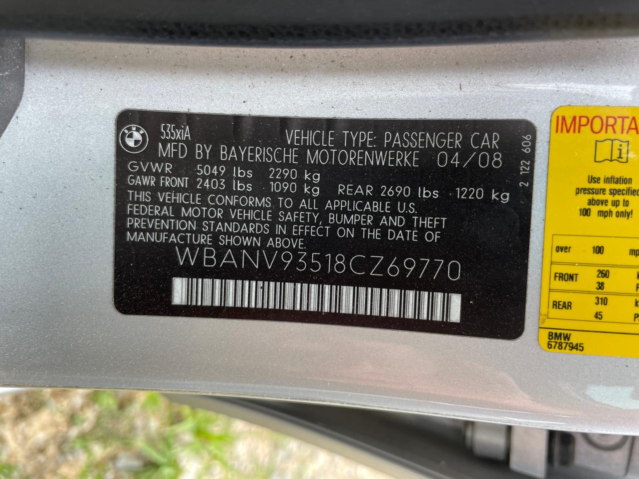 2008 BMW 535 Xi VIN: WBANV93518CZ69770 Lot: 63694434