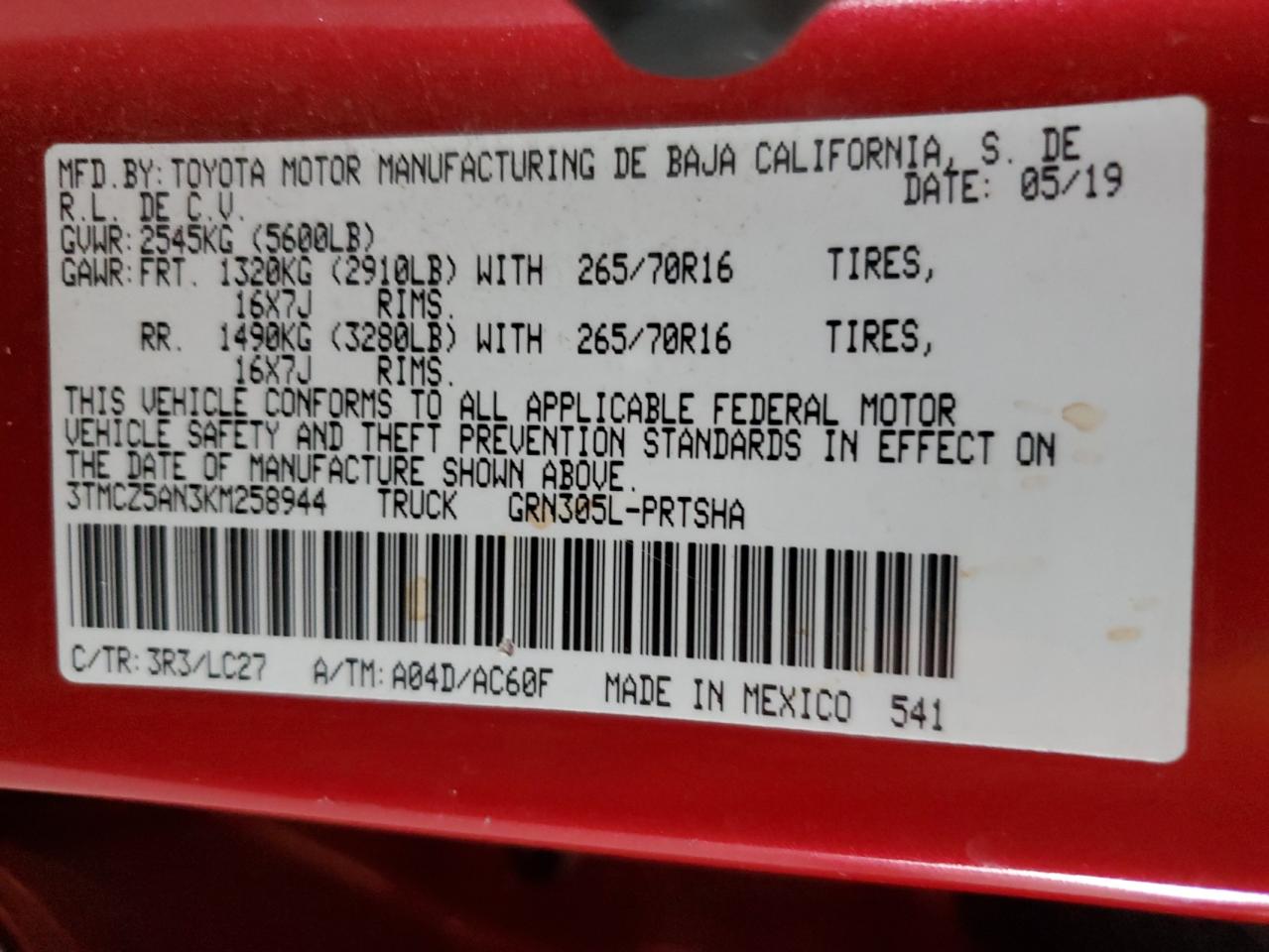 2019 Toyota Tacoma Double Cab VIN: 3TMCZ5AN3KM258944 Lot: 65241884