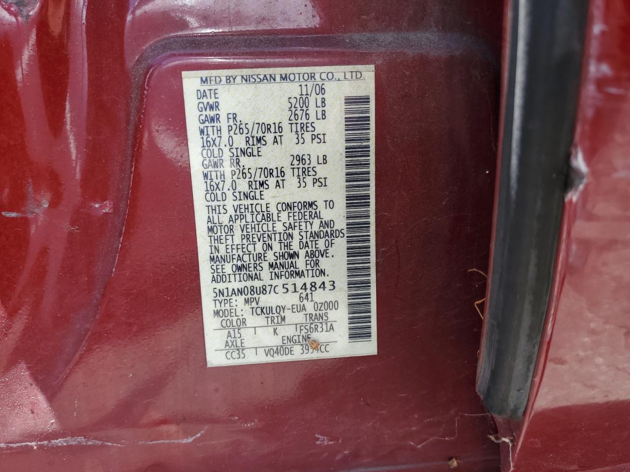 2007 Nissan Xterra Off Road VIN: 5N1AN08U87C514843 Lot: 60189144