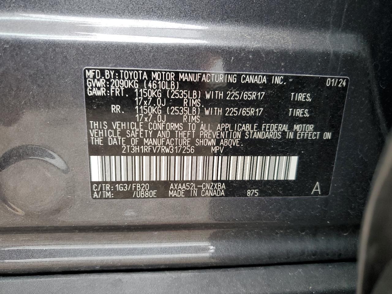 2024 Toyota Rav4 Le VIN: 2T3H1RFV7RW317256 Lot: 63026254