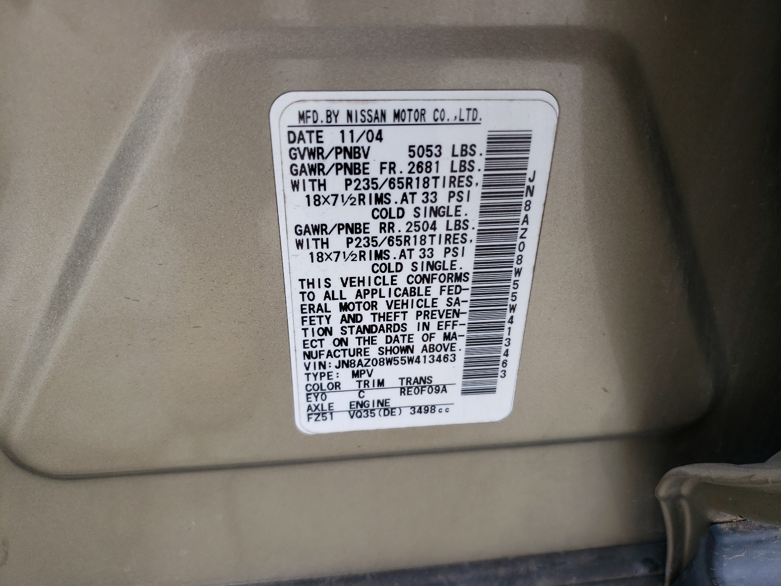 JN8AZ08W55W413463 2005 Nissan Murano Sl