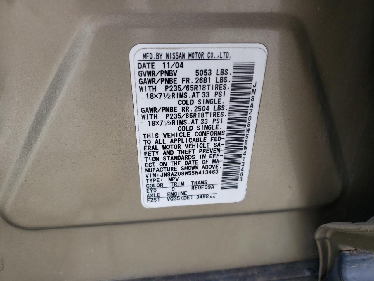 2005 Nissan Murano Sl VIN: JN8AZ08W55W413463 Lot: 60961364