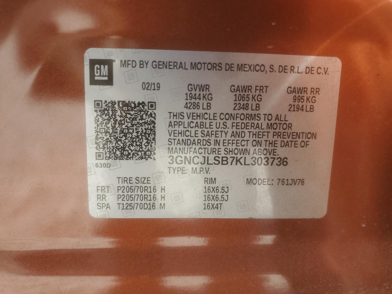 2019 Chevrolet Trax 1Lt VIN: 3GNCJLSB7KL303736 Lot: 61270894