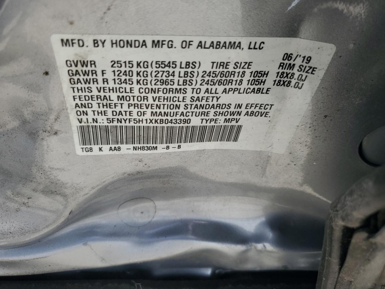 2019 Honda Pilot Lx VIN: 5FNYF5H1XKB043390 Lot: 64889914