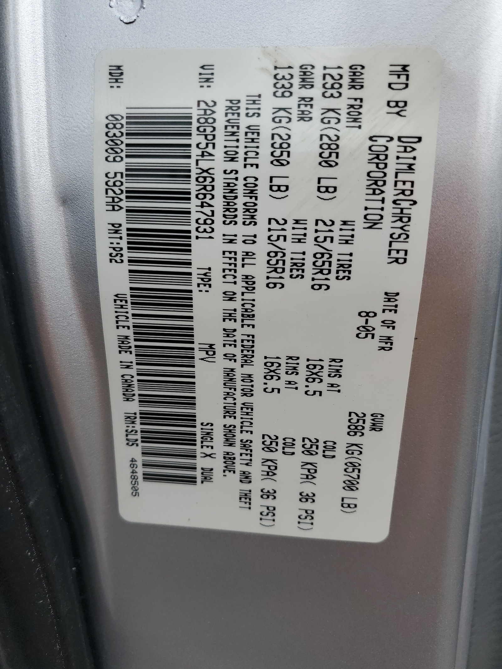 2A8GP54LX6R647931 2006 Chrysler Town & Country Touring