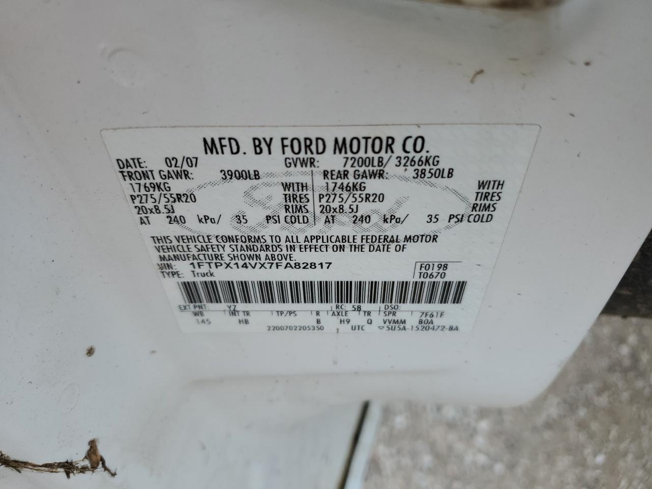 2007 Ford F150 VIN: 1FTPX14VX7FA82817 Lot: 63720034