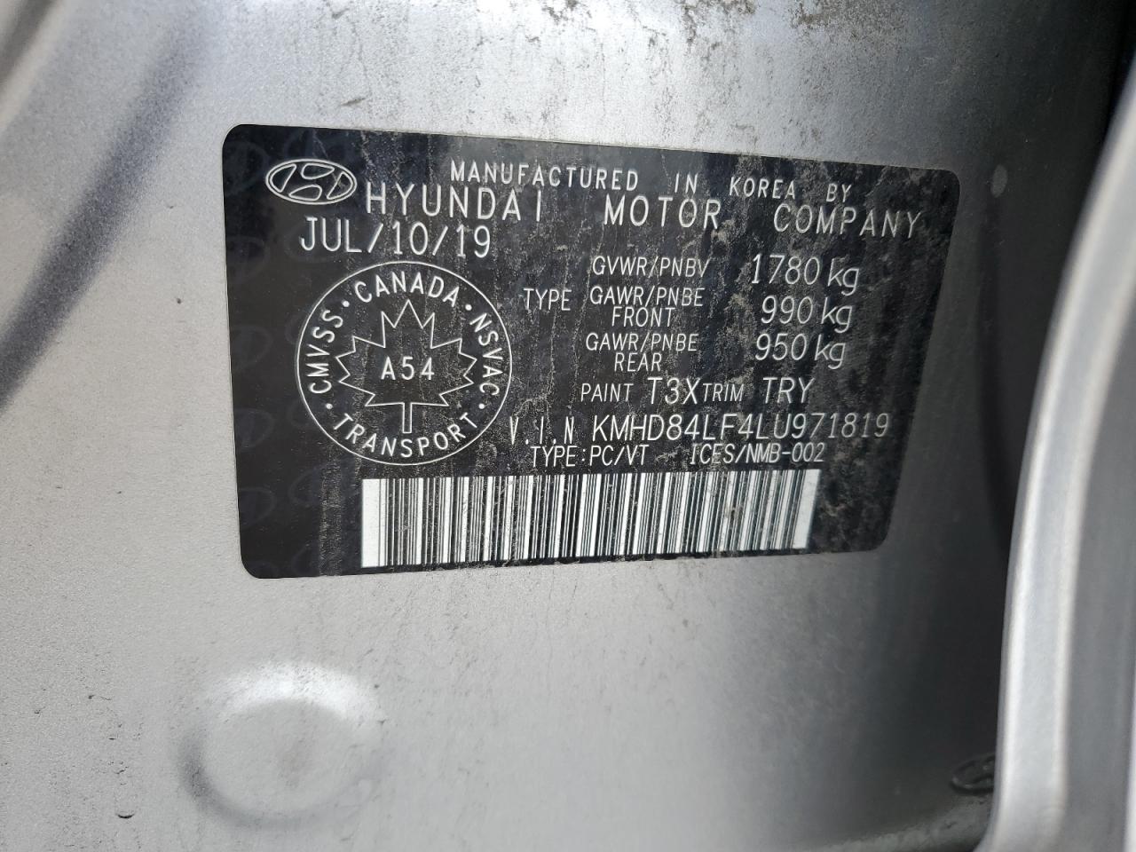 2020 Hyundai Elantra Sel VIN: KMHD84LF4LU971819 Lot: 62193084