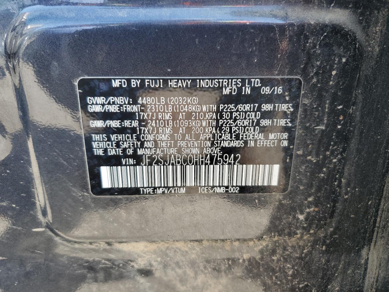 2017 Subaru Forester 2.5I VIN: JF2SJABC0HH475942 Lot: 63399114