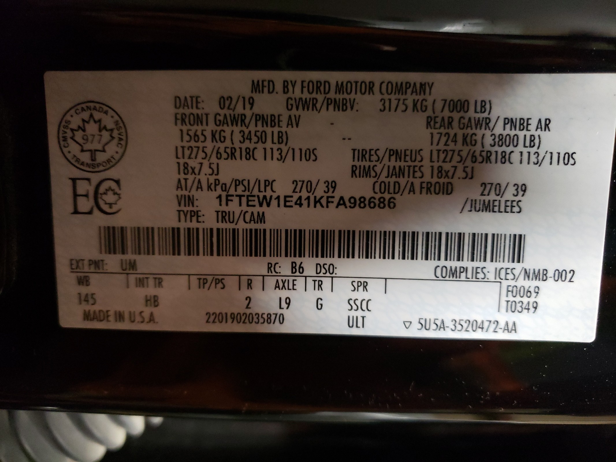 1FTEW1E41KFA98686 2019 Ford F-150 Lariat