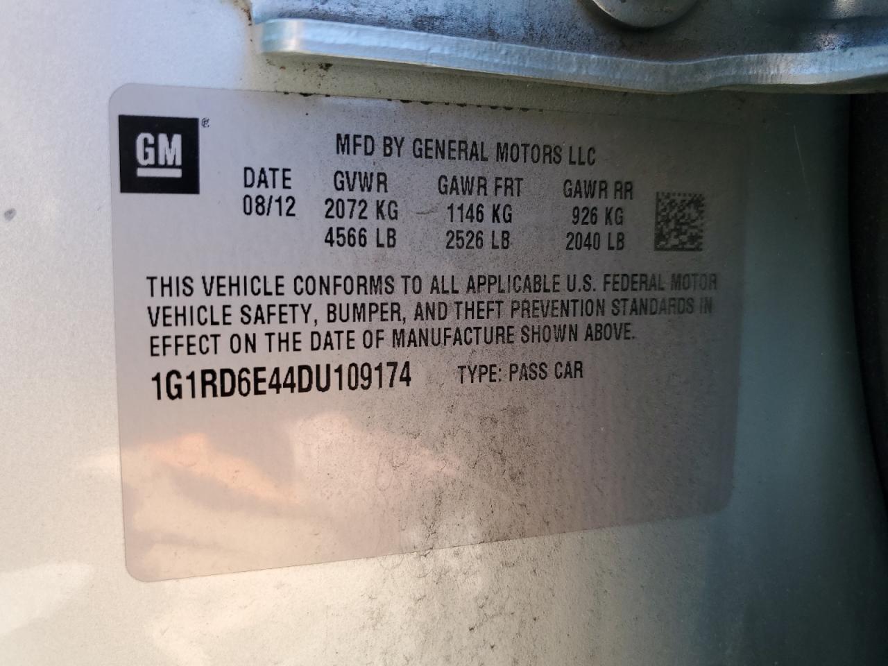 2013 Chevrolet Volt VIN: 1G1RD6E44DU109174 Lot: 61895644