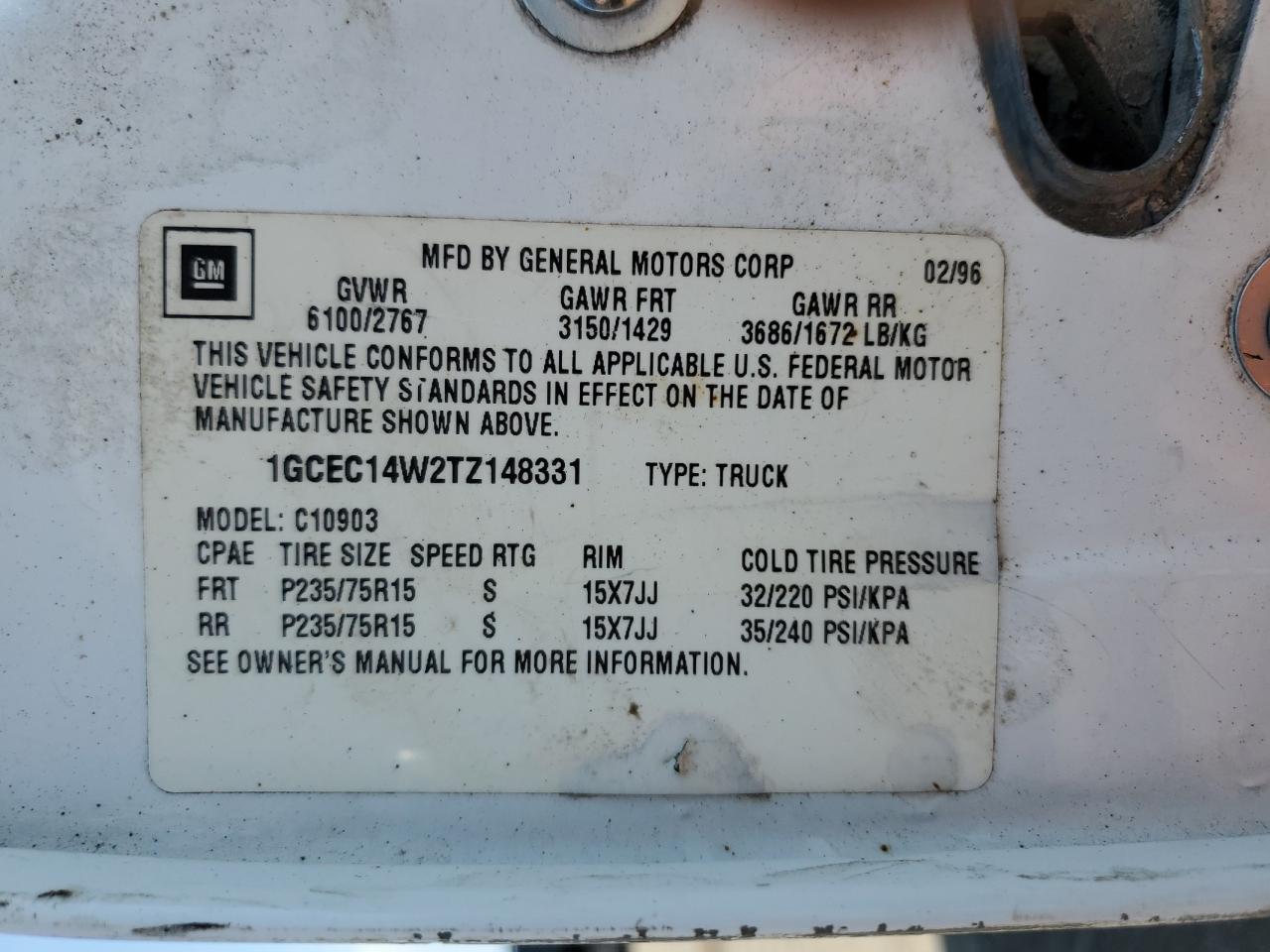 1996 Chevrolet Gmt-400 C1500 VIN: 1GCEC14W2TZ148331 Lot: 64389484