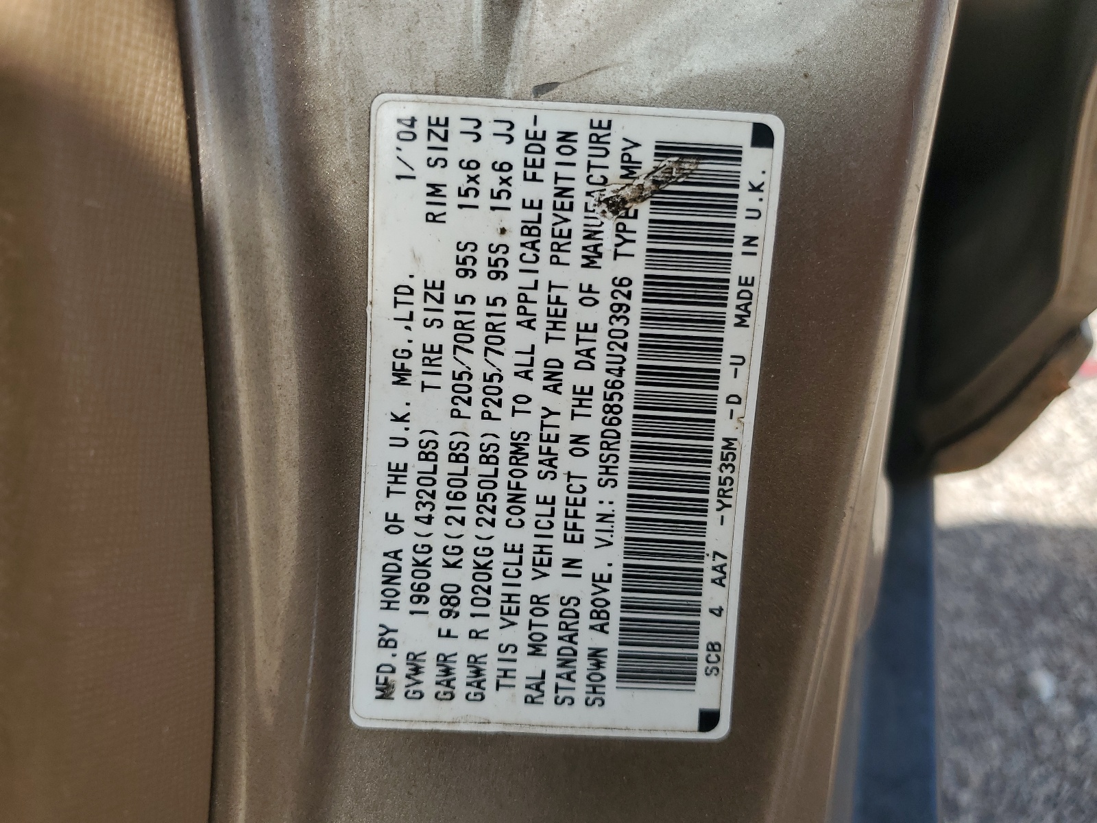 SHSRD68564U203926 2004 Honda Cr-V Lx