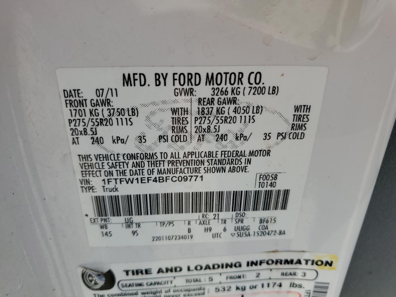 2011 Ford F150 Supercrew VIN: 1FTFW1EF4BFC09771 Lot: 63199314